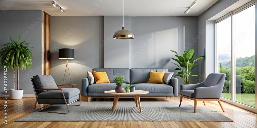 Fototapeta premium Modern Grey Living Room Interior Design: Sofa, Armchair, 3D Render