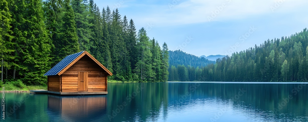 Fototapeta premium Serene Wooden Cabin on Calm Lake Surrounded by Lush Green Forest