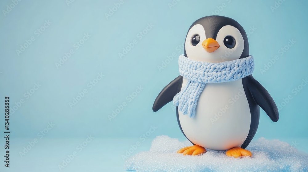 Fototapeta premium An Adorable Cartoon Penguin Wearing A Blue Knitted Scarf