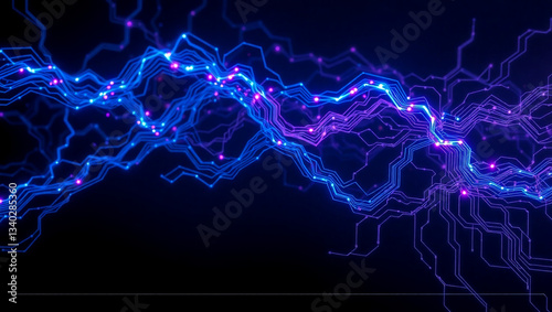 Glowing circuit lines in electric blue and violet tones on a dark background, representing high-tech networks, AI, and digital communication.