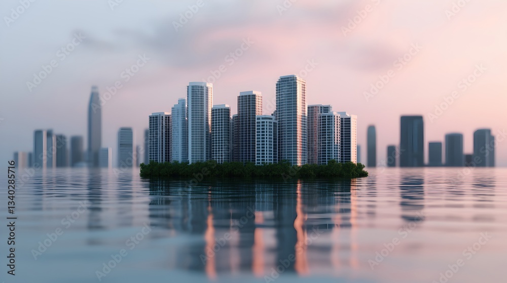 Fototapeta premium Serene City Skyline Reflection at Sunset Over Calm Water Surface