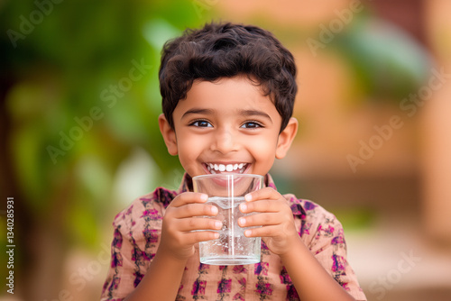 Happy Child Refreshing with a Glass of Water After Outdoor Play