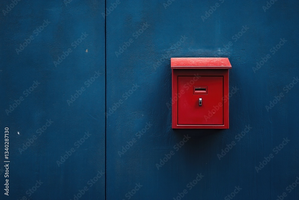 A minimalist art-inspired image of a bold red mailbox centered on a deep blue concrete wall, vibrant and clean. A minimalist art-inspired image of a bold red mailbox centered on a deep blue concrete wall, vibrant and clean.