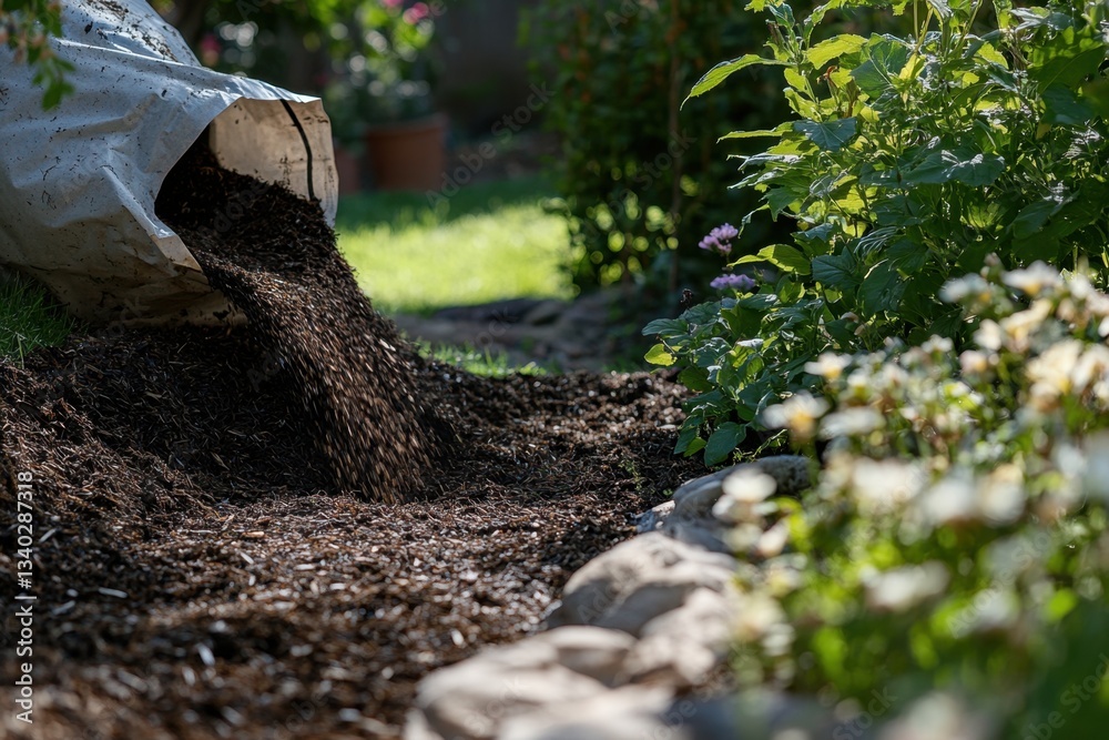 Fototapeta premium A bag of mulch is poured out onto a garden path