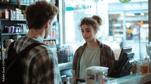 A person returning a stolen item at a shop counter, visibly embarrassed, with their face flushed and avoiding eye contact with the clerk