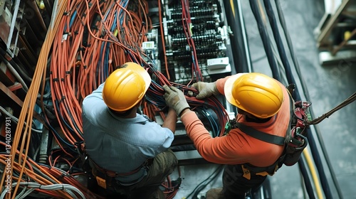 Construction workers installing electrical wiring and conduits in a commercial building