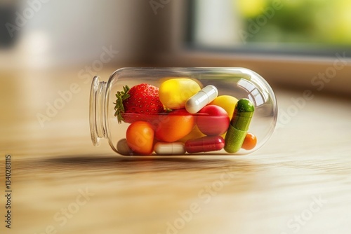 Fototapeta Naklejka Na Ścianę i Meble -  A minimalist design featuring a single vitamin pill resting on a wooden table with tiny fruits and vegetables inside.