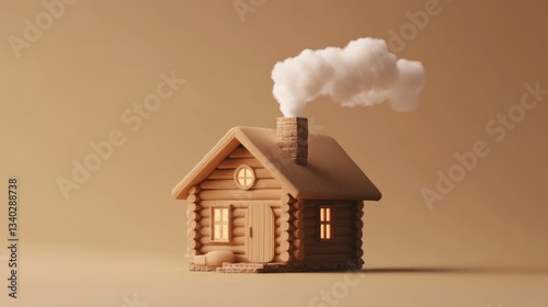A small wooden cabin with smoke rising from its chimney