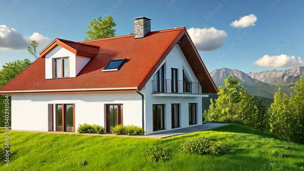 Modern house with a red roof surrounded by grass and mountains on a sunny day Modern house with a red roof surrounded by grass and mountains on a sunny day