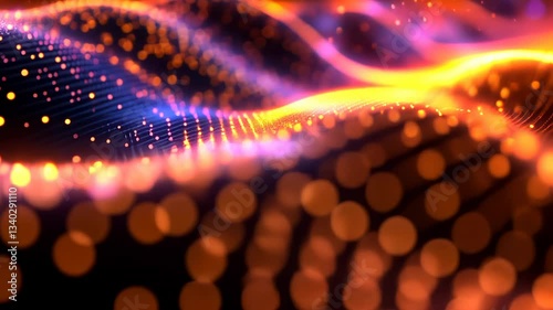 Abstract Digital Landscape of Wavy Orange and Blue Light with Bokeh Effect on Dark Background