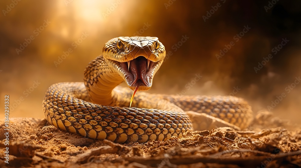 Obraz premium Captivating photograph of a powerful king cobra raising its imposing hood its scales reflecting the warm golden sunlight in a dramatic defensive posture against potential threats