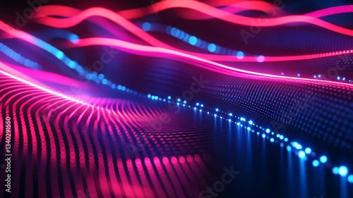 Abstract Digital Landscape With Glowing Pink And Blue Wave Patterns Displaying Data Flow