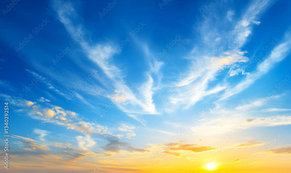 Obraz premium Vibrant sunset sky with fluffy clouds and golden hues. Perfect for backgrounds, websites, or design projects.