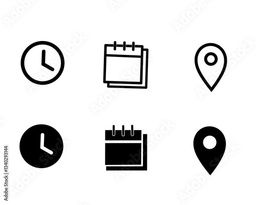 Date, Time, Address or Place Location, hour line icons set, editable stroke isolated on white, linear vector outline illustration, symbol logo design style. Date, time, address icon.