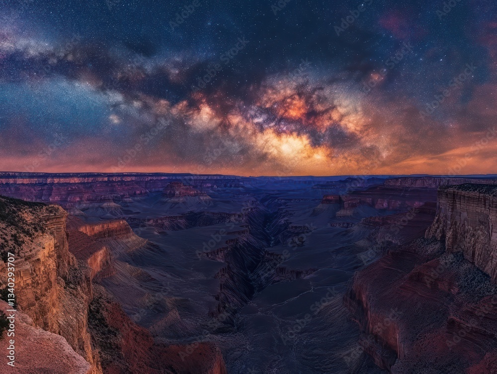 Fototapeta premium A vast canyon under a starry night sky, with the Milky Way stretching across the horizon, casting a serene glow over the rocky landscape below