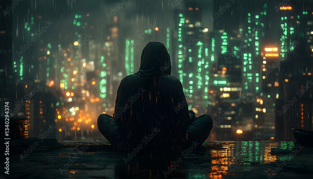 A figure in a hooded sweatshirt meditates in a lotus position on a rooftop with cityscape in the distant rain A figure in a hooded sweatshirt meditates in a lotus position on a rooftop with cityscape in the distant rain