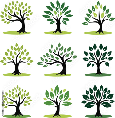 Create a Set of colorful  black banyan tree combo Package collection, Logo Icon Vector illustration design, vector art silhouette  illustration with white background.
