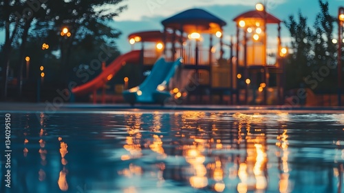 Water park at dusk with lights reflecting on the still water