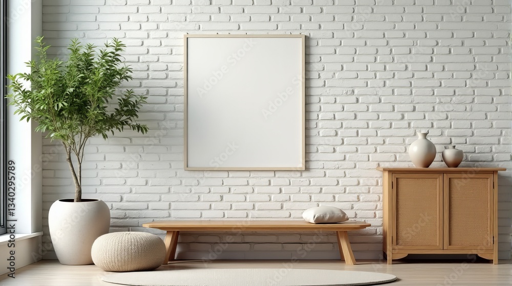 Fototapeta premium Minimalist Living Room with Potted Plant Wooden Furniture Brick Wall