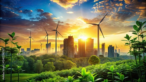 Sustainable City Silhouette: Eco-Friendly Urban Planning, Wind Energy, Green Architecture