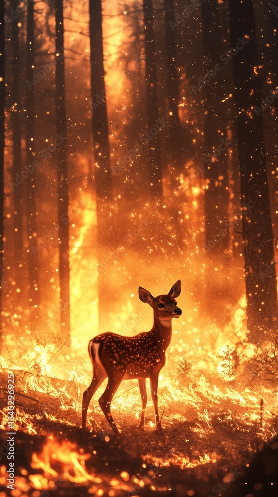 Deer standing in burning forest with glowing embers, wildlife survival concept Deer standing in burning forest with glowing embers, wildlife survival concept
