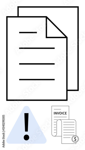 Two overlapping documents, a warning triangle with an exclamation mark, and an invoice icon. Ideal for finance, billing, alerts, errors, reminders communication compliance. Flat simple metaphor