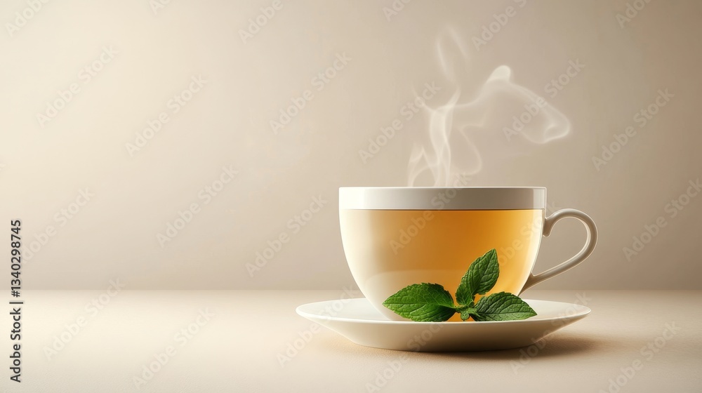 Steaming Herbal Tea Cup with Fresh Mint Leaves on Soft Background Steaming Herbal Tea Cup with Fresh Mint Leaves on Soft Background