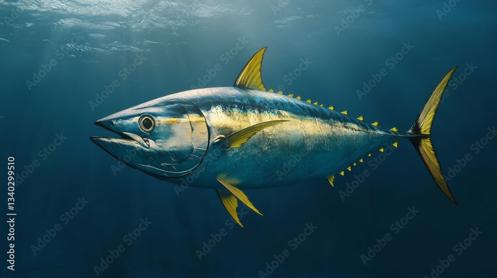 Fototapeta premium Yellowfin tuna swimming in deep blue ocean water, sunlight filtering through. Marine life.