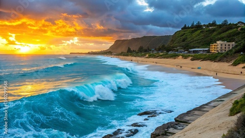 Fototapeta Naklejka Na Ścianę i Meble -  Stunning Coastal Sunset With Powerful Ocean Waves Hitting Sandy Beach