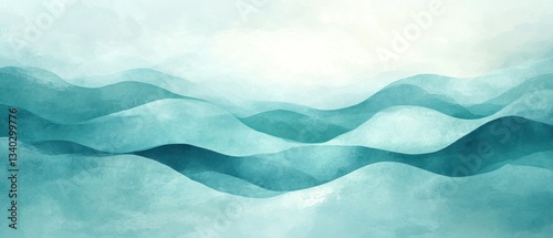 Serene watercolor landscape of rolling hills in calming teal hues evoking tranquility and peace in a minimalist style with a soft ethereal background