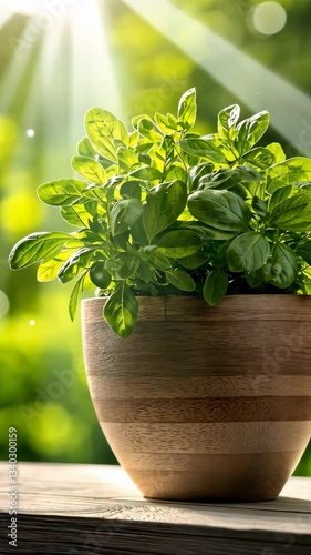 Vibrant Green Basil Plant in Wooden Pot Sunlight Garden