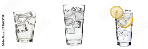 Glasses with Ice Cubes and Lemon Slice on Transparent Background