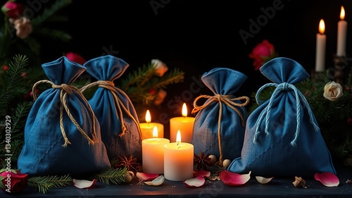 Yule Winter Solstice Magic Spell Bags - Blue Cotton Herbs Spices