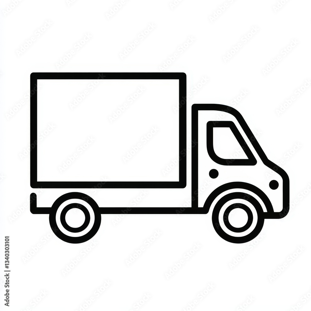Simple black and white illustration of a delivery truck, showcasing its cargo transport capability. This image could symbolize logistics, moving services, or package deliveries. Simple black and white illustration of a delivery truck, showcasing its cargo transport capability. This image could symbolize logistics, moving services, or package deliveries.