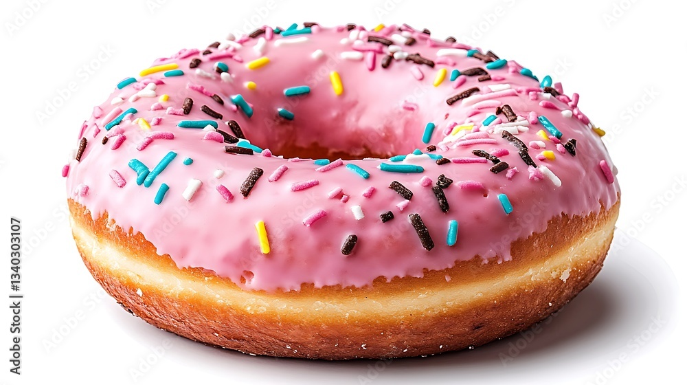 Pink donut with sprinkles isolated on white. Pink donut with sprinkles isolated on white.