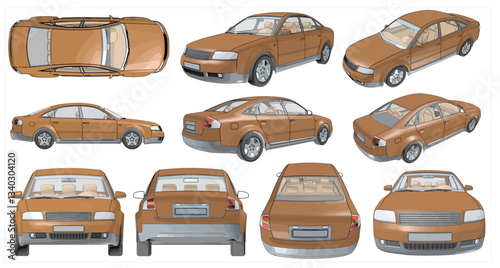 Brown Sedan Car Vector images are produced from the auto tracing process. View from side, front, back, top, Perspective