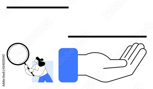 Person holding magnifying glass, inspecting closely beside a large open hand offering support. Ideal for analysis, research, discovery, support, assistance, collaboration trust. Flat simple metaphor