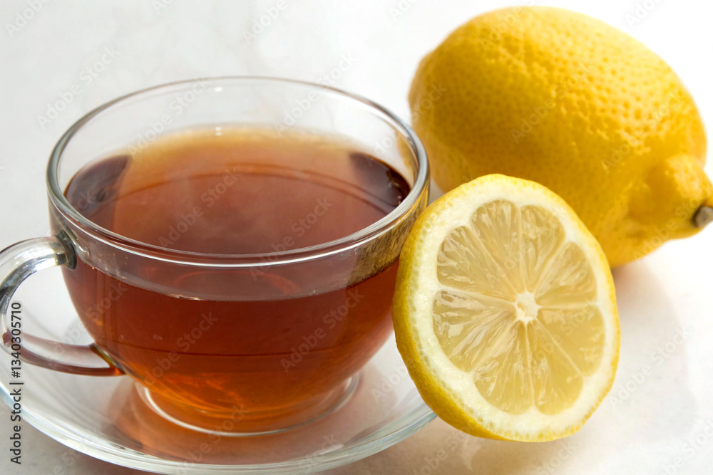 Close-Up of Amber Tea in a Glass Cup with a Whole Lemon Beside It on a White Background Close-Up of Amber Tea in a Glass Cup with a Whole Lemon Beside It on a White Background