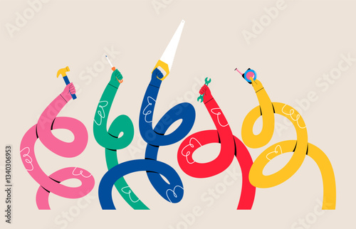 Funny long hands holding a hand tools. Colorful vector illustration