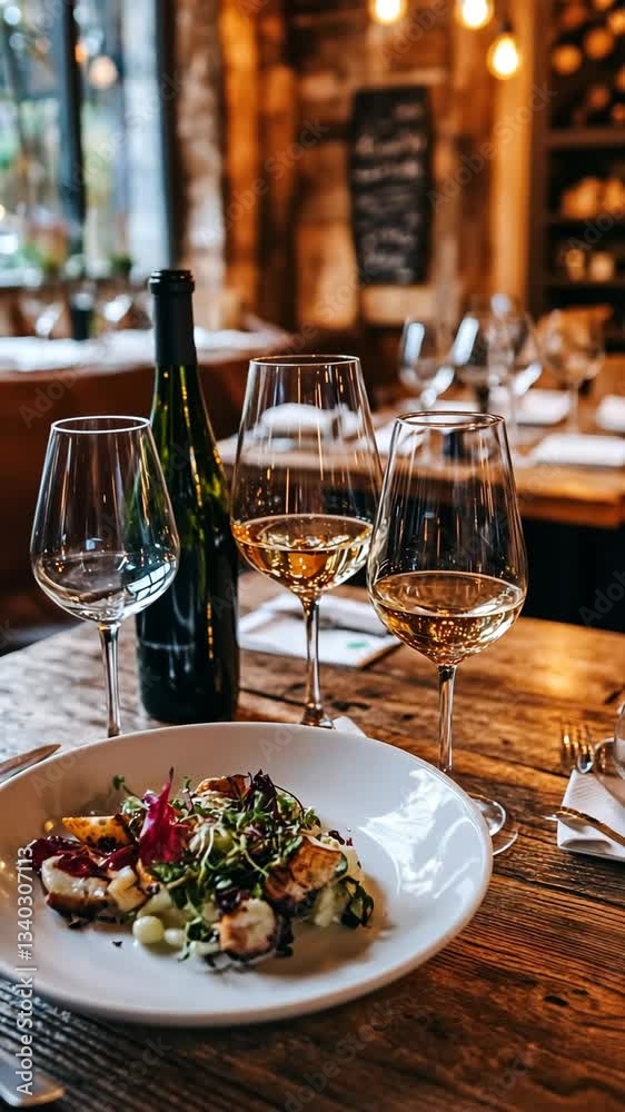 Elegant dining experience with fresh salad and wine in a cozy restaurant setting during the evening Elegant dining experience with fresh salad and wine in a cozy restaurant setting during the evening