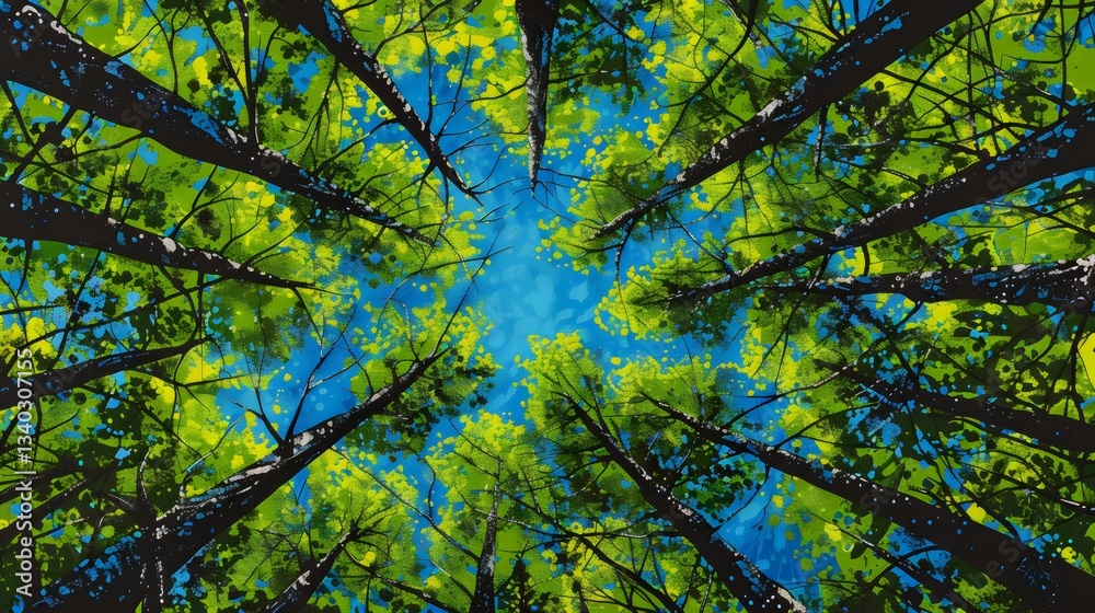 Obraz premium a dense forest, showcasing tall trees with bright green foliage against a vivid blue sky.