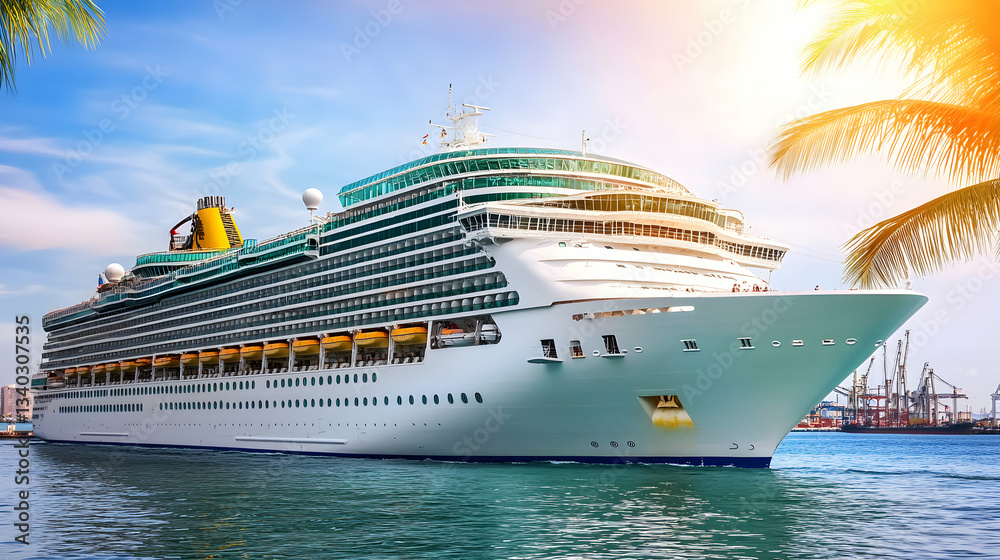 Majestic cruise ship at port, sunny day, palm trees, travel, vacation.