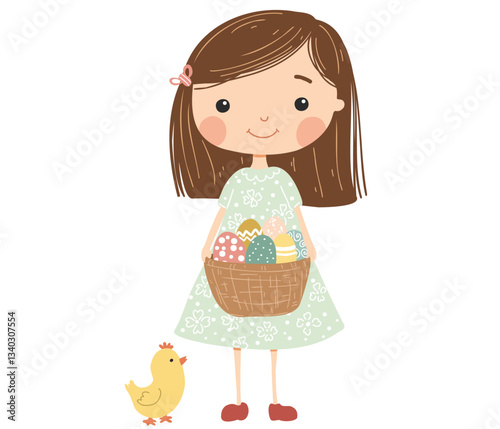 A cute little girl happily holding a basket filled with colorful Easter eggs.	
