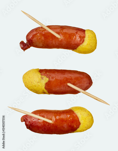 Three Mini Hot Dogs with Mustard on bright blue background