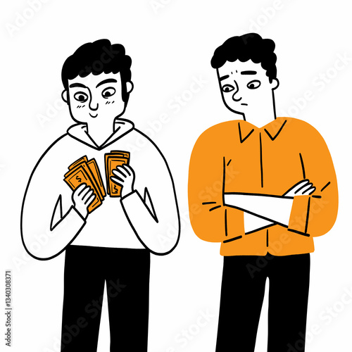 The illustration shows two men. One happily holds money, while the other looks unhappy with his arms crossed.