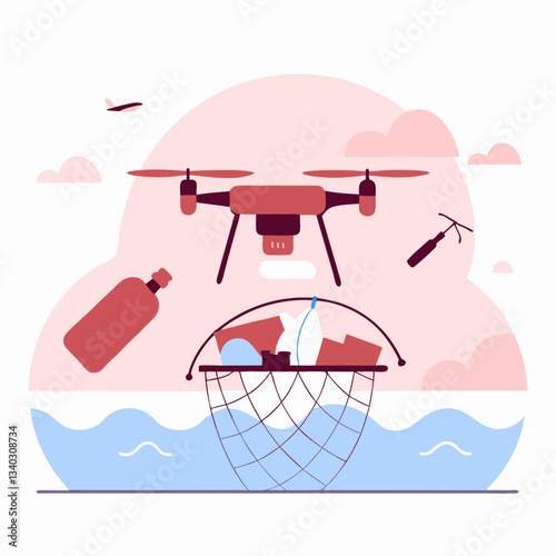 Drones collecting marine waste Sustainability Circular Economy Waste Management Roundish Flat Vector
