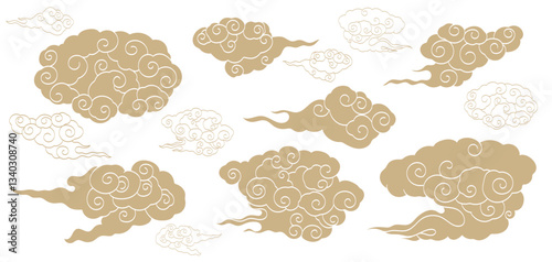 Gold brush stroke texture with Japanese chinses cloud pattern in vintage style. Abstract art landscape banner design 