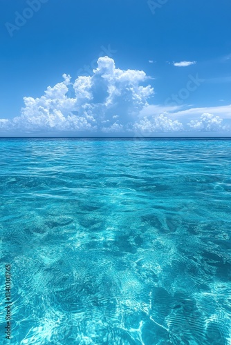 Serene turquoise ocean under a bright blue sky with fluffy white clouds creating a tranquil and peaceful seascape on a sunny day