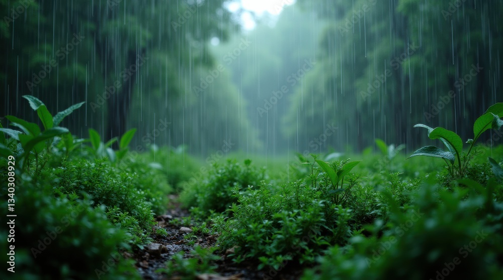 Fototapeta premium Heavy raindrops on a lush green forest floor, misty air capturing the essence of the rainy season
