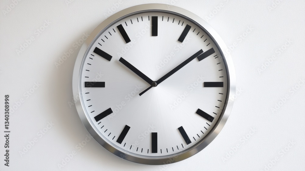 A simple, modern wall clock showing the time. The clock has a minimalist design with a silver face and black hands A simple, modern wall clock showing the time. The clock has a minimalist design with a silver face and black hands